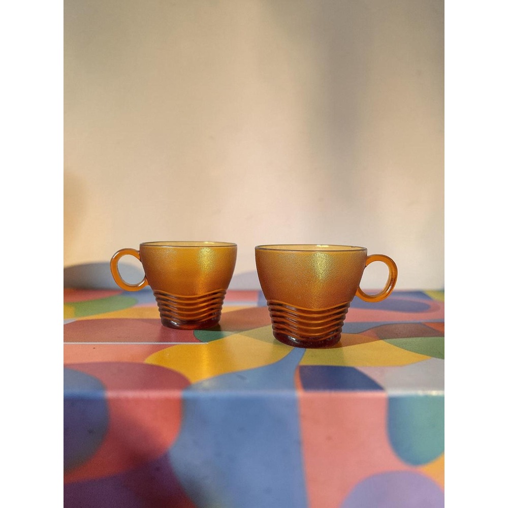 Set of 2 - Vintage Duralex France Amber Glass Mugs - Retro Orange Wavy